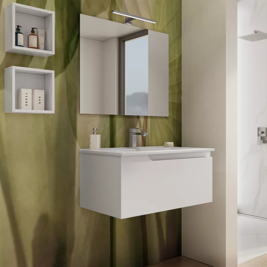Mobile bagno sospeso 80 cm con lavabo integrato bianco opaco e specchio -  Agave