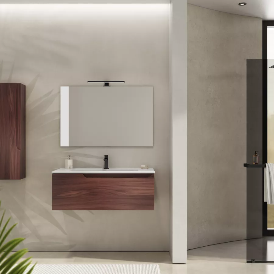 Mobile bagno sospeso 100 cm con lavabo integrato color noce windsor e  specchio - Agave