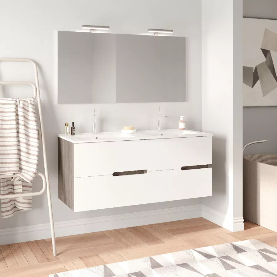 Mobile bagno sospeso 120 cm con 2 lavabi e specchio finitura bianco e legno  - Fiordo