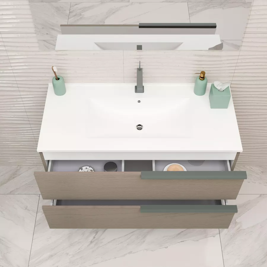 Mobile bagno sospeso 100 cm con lavabo e specchio finitura effetto legno  moka - Aliseo