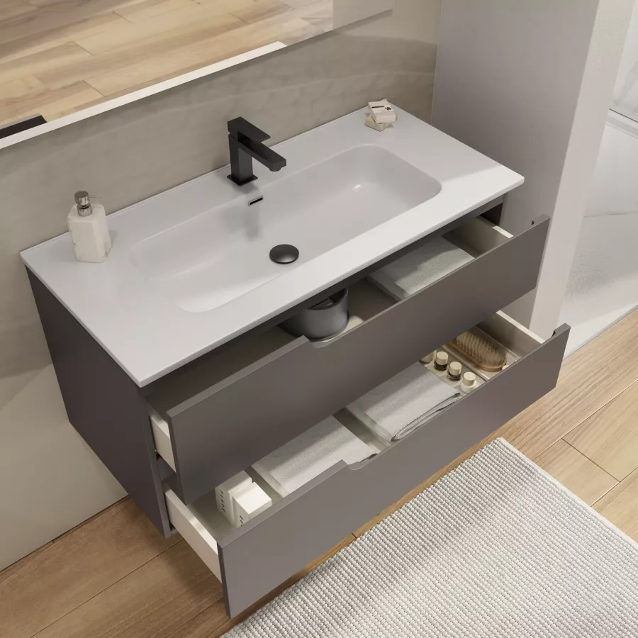 Mobile bagno sospeso 100 cm con lavabo integrato grigio storm opaco e  specchio - Agave Plus