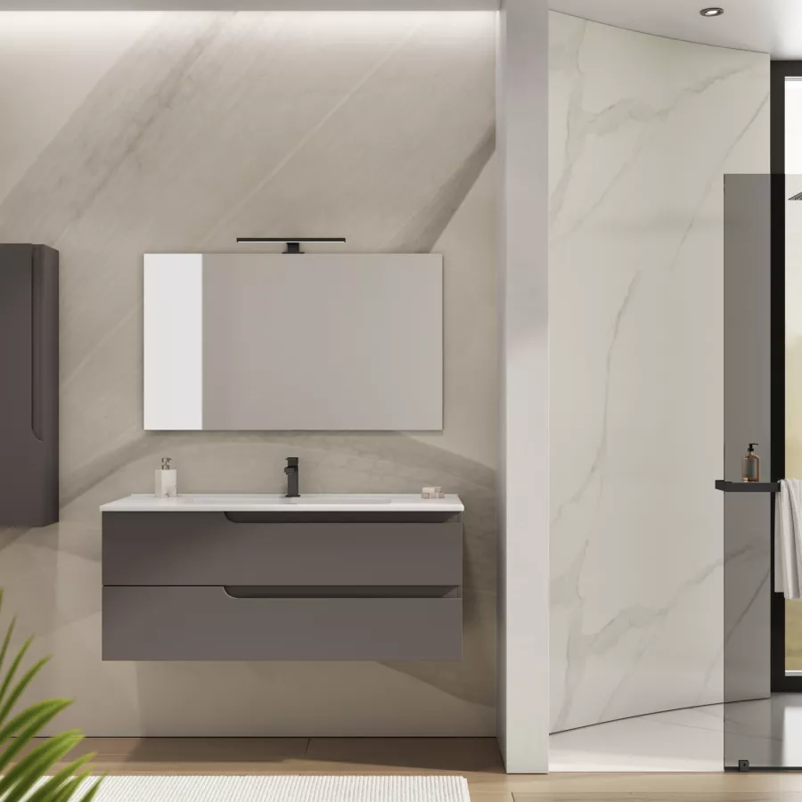 MOBILE BAGNO SOSPESO GRIGIO CHIARO 120CM, LAVABO ASIMMETRICO, SEATTLE