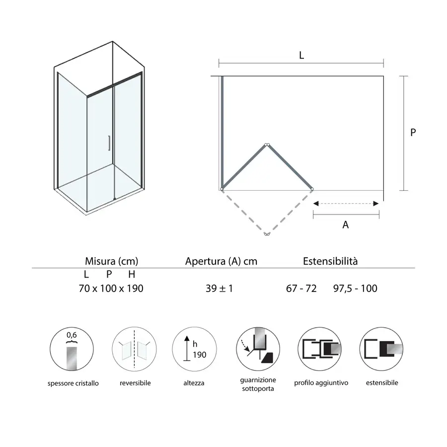 Box doccia doppia apertura 70x100 cm serie Icon in vetro trasparente