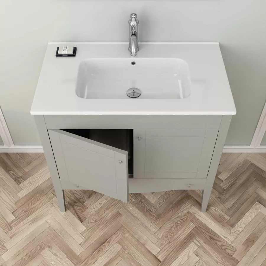 Mobile Bagno a Terra TOUCH 70 cm 2 Cassetti Tortora Lucido e Top Rovere Nodi