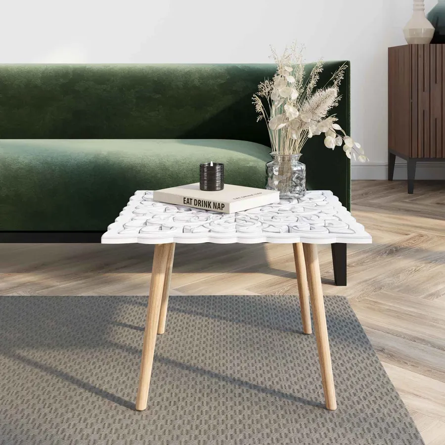 Tavolino Regolabile In Altezza Con Ruote | Piano Girevole 360° E Concavo | Design A Forma Di C Per Divano | Legno Bianco 40x30 Cm