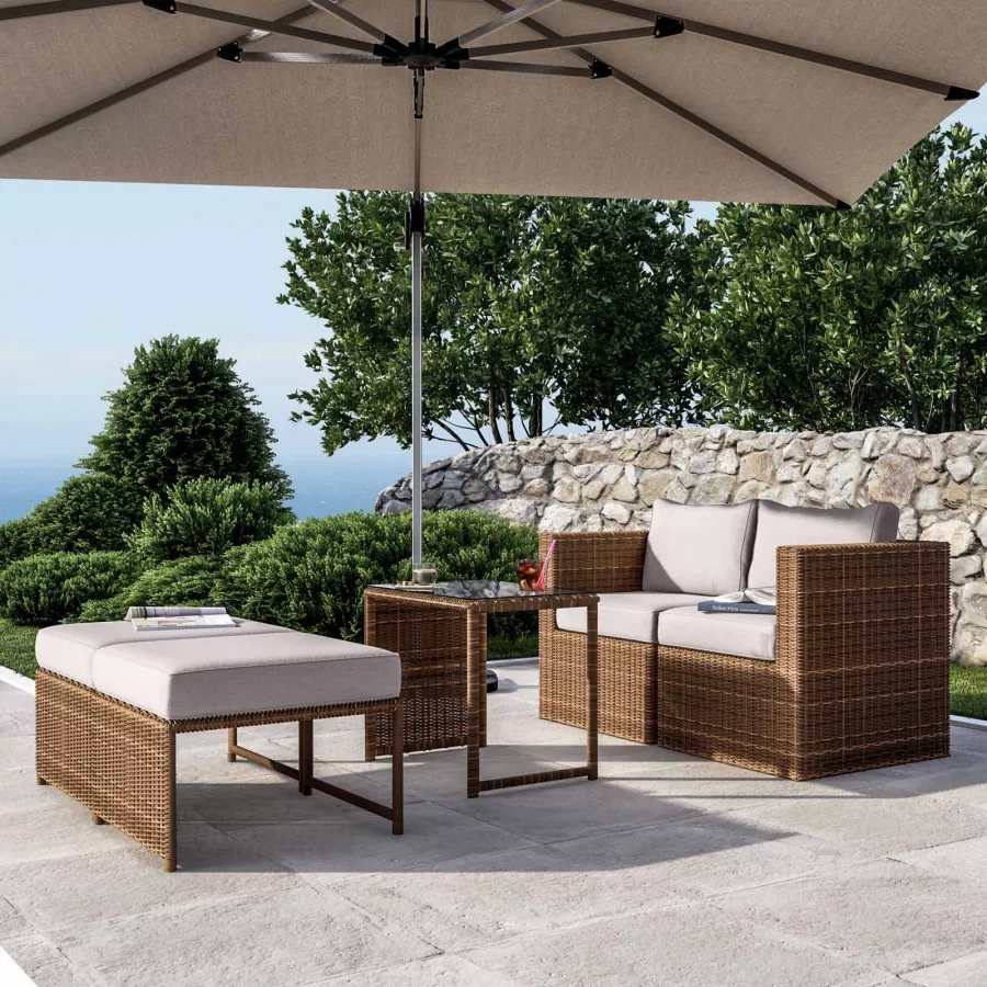 Set relax da giardino modulare con 2 divani pouf e tavolino in