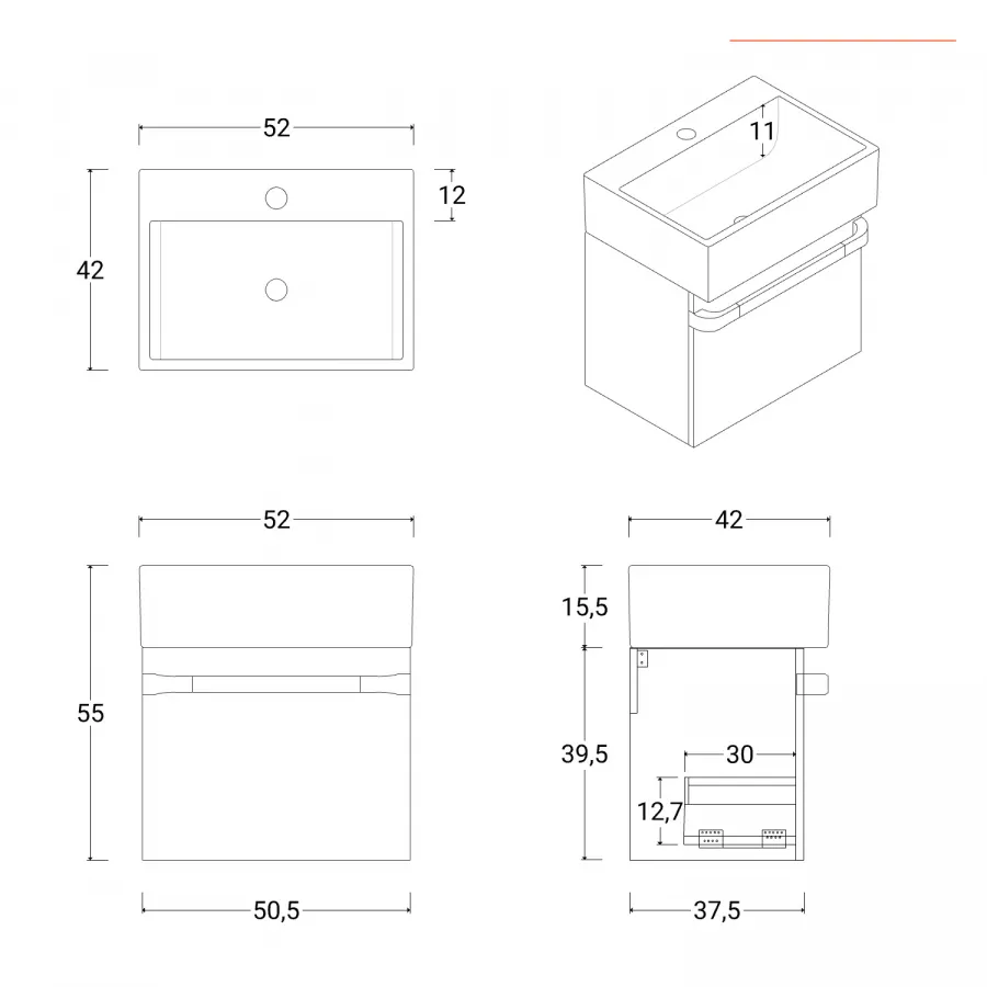 Mobile sospeso salvaspazio 50 cm profondità 42 cm grigio nord con lavabo e  specchio - Virgola