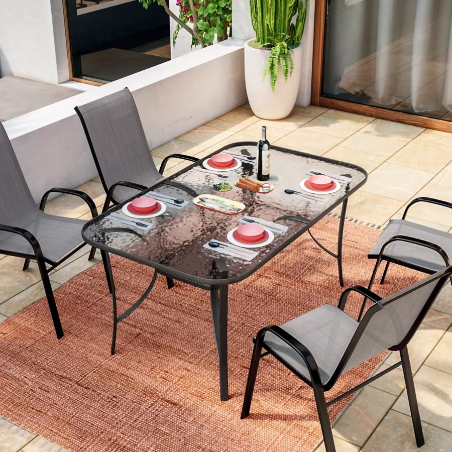 Tavolo da pranzo con top trasparente 150x90 cm in acciaio nero con foro  ombrellone - Ninfa