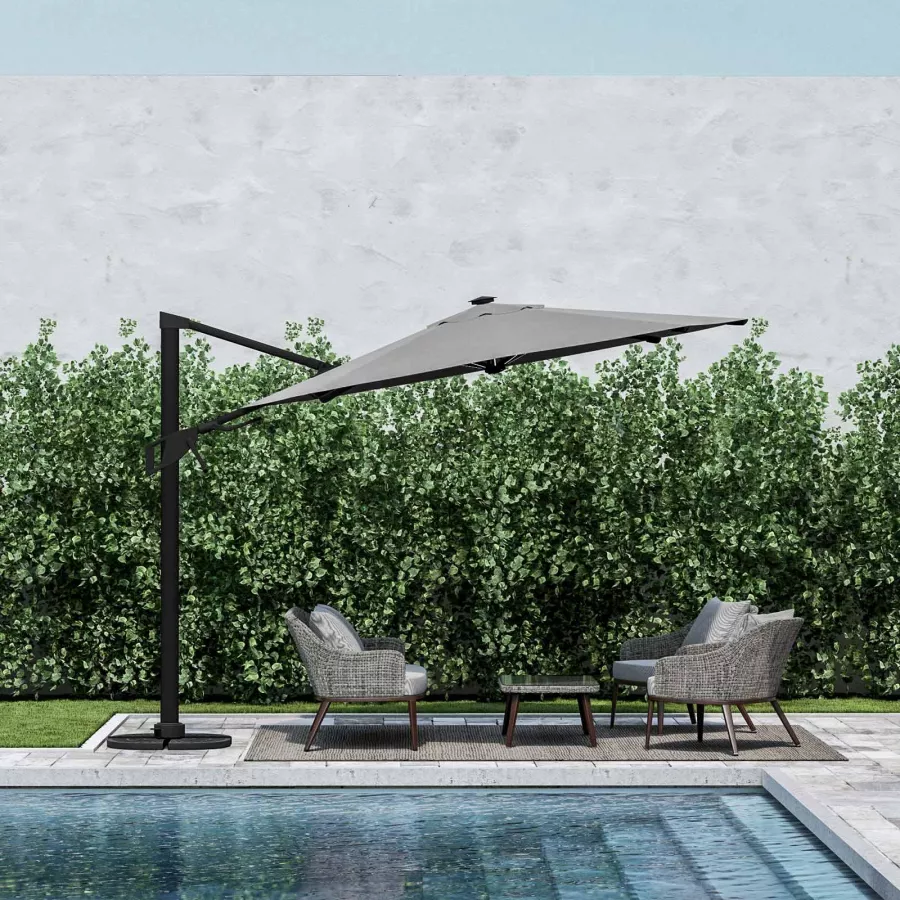 Fiqops Ombrellone Da Giardino Con LED Solari E Manovella, 270/350 Cm, Poliestere 160g/m², Protezione UV 50+, Impermeabile, Verde