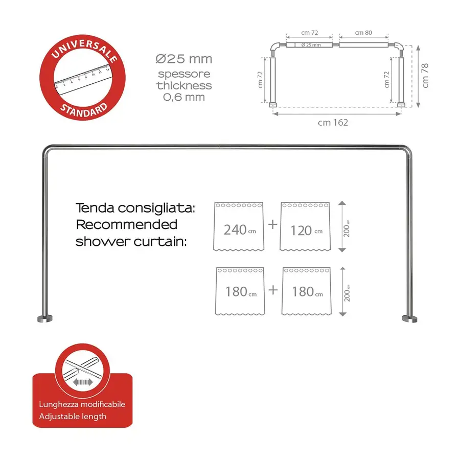 TELAIO ANGOLARE PER DOCCIA PER TENDA - 80 X 80 IN ALLUMINIO COLORE BIANCO  REGGITENDA