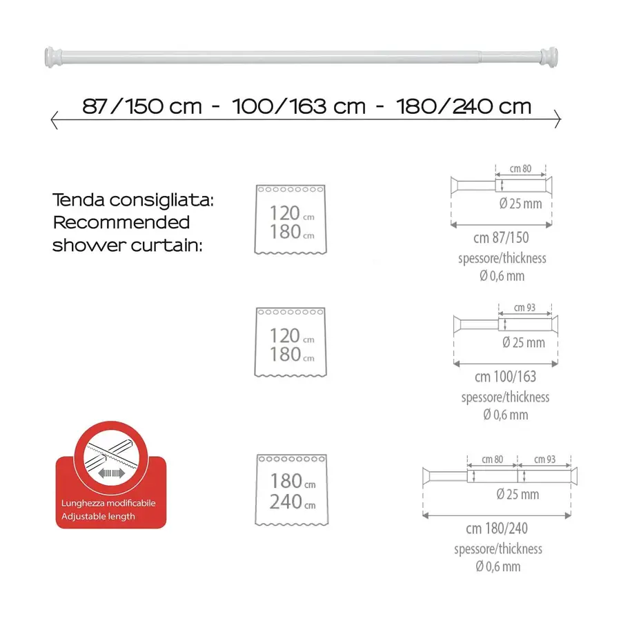 Bastone tubo per tenda doccia vasca 3 lati alluminio bianco