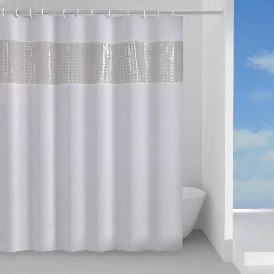 Tenda doccia in poliestere bianca con fascia trasparente 180x200