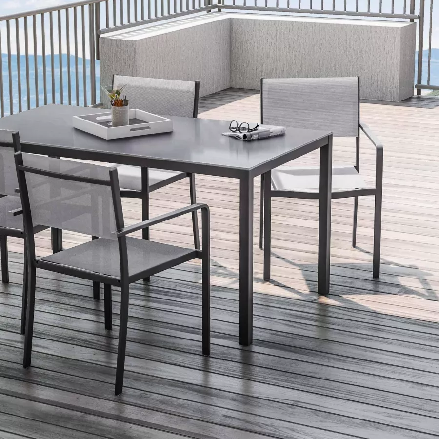 Set pranzo tavolo top in vetro 150x80 cm e 4 sedie con braccioli in metallo  antracite 