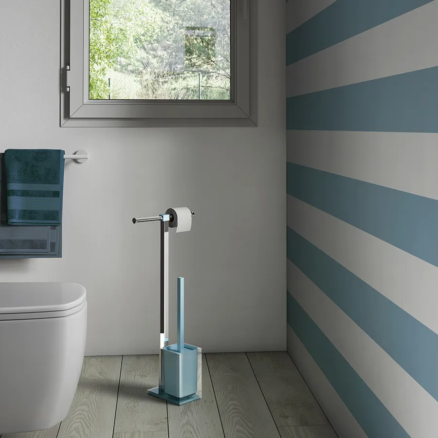 Piantana portarotolo in acciaio inox e portascopino celeste e trasparente - Rainbow di Gedy