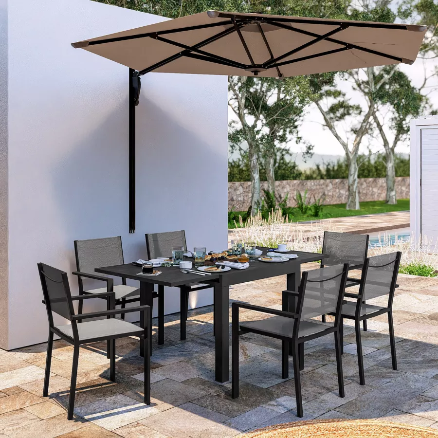 Set pranzo tavolo 90/180x90 cm e 4 sedie con braccioli in alluminio e  textilene antracite 