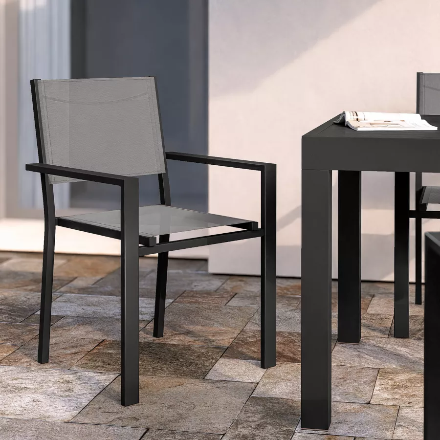 Set pranzo tavolo 90/180x90 cm e 4 sedie con braccioli in alluminio e  textilene antracite 