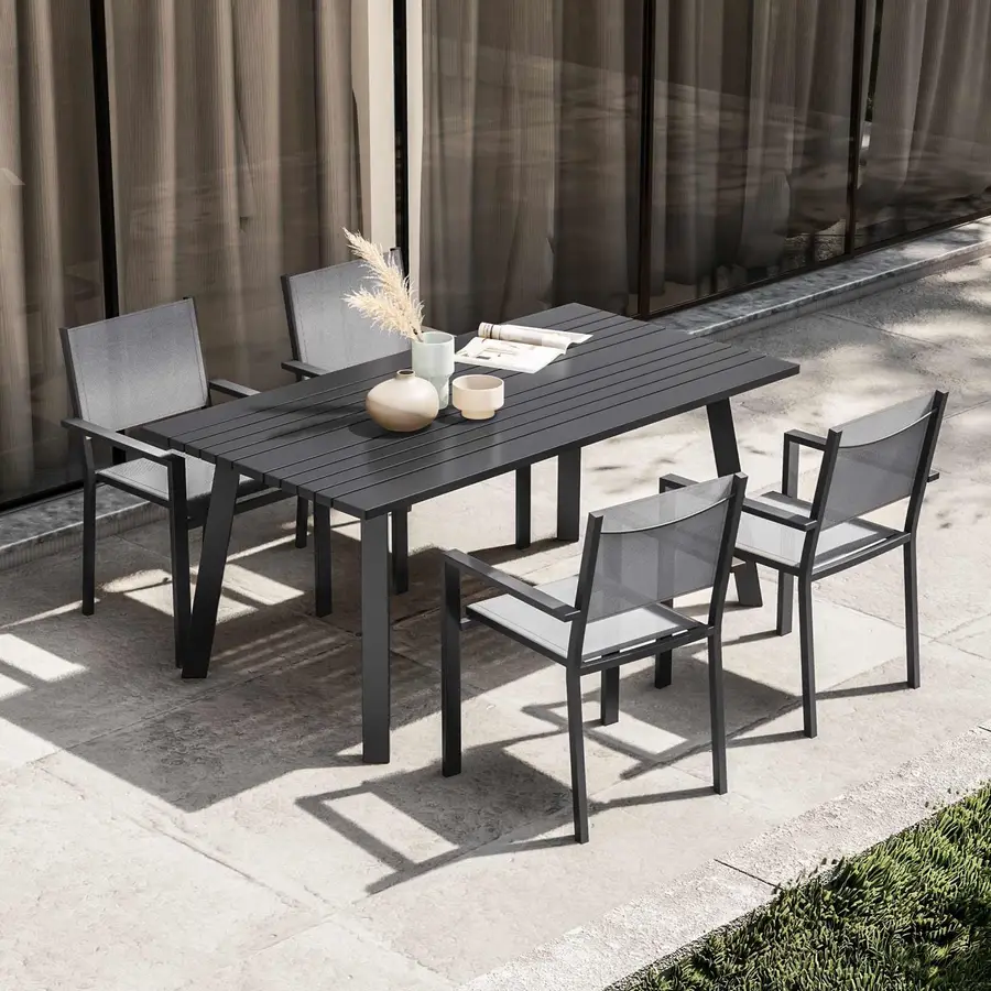 Set pranzo tavolo 170x90 cm e 4 sedie con braccioli in alluminio e  textilene antracite - Carioca