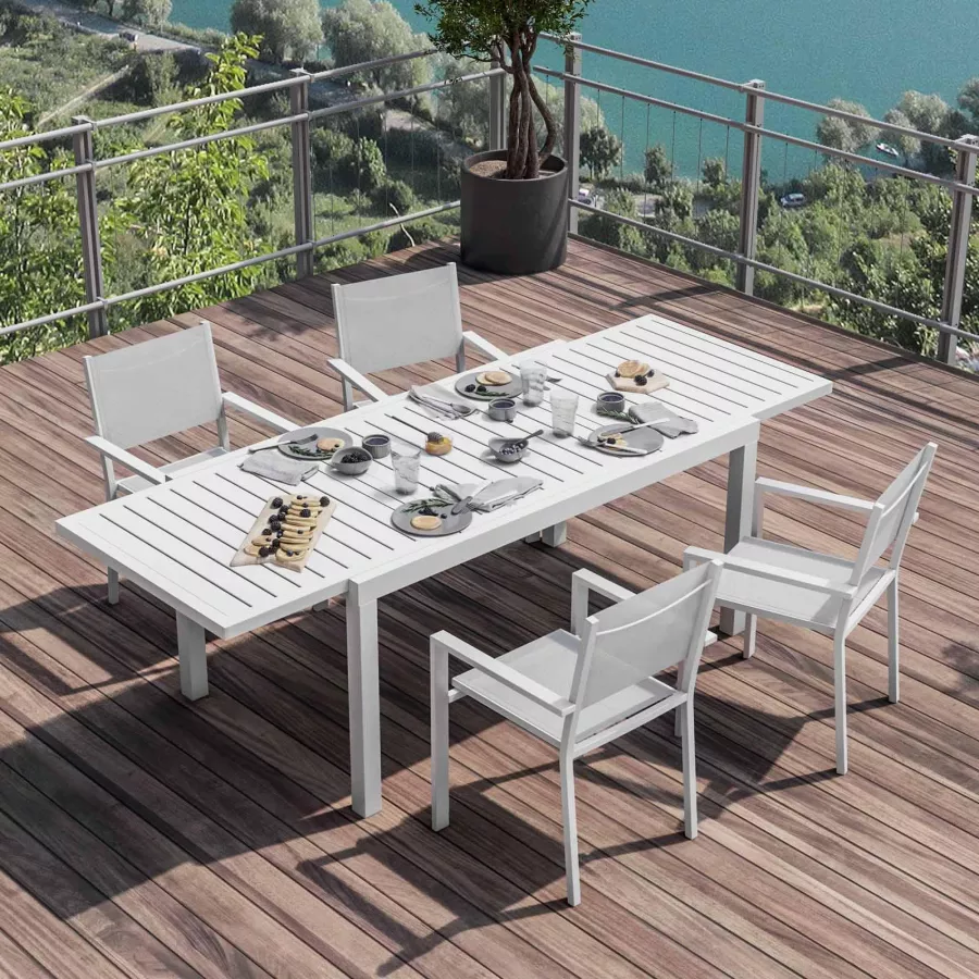 Feonase Set Tavolo Da Pranzo Allungabile 5 Pezzi: Tavolo 160 Cm, 2 Sgabelli Quadrati E 2 Panche – MDF, Facile Montaggio