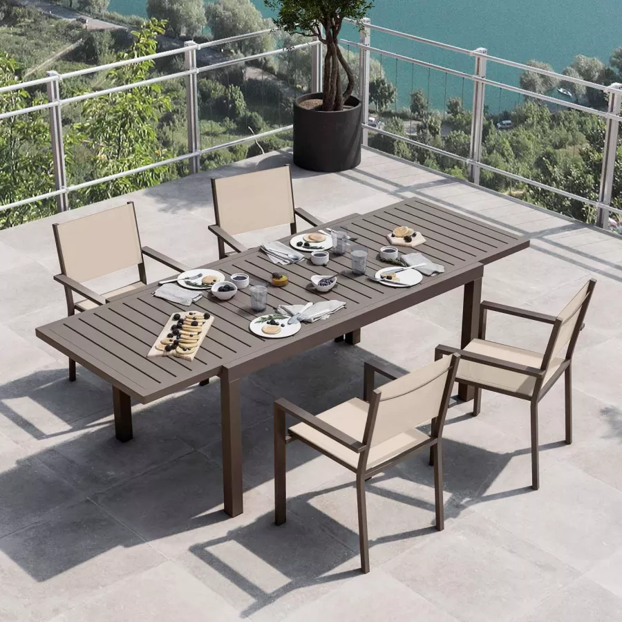 DEXTER Set Tavolo 160/240x90 Struttura E Piano In Alluminio Compreso Di 6 Sedute Colore Taupe 83018292