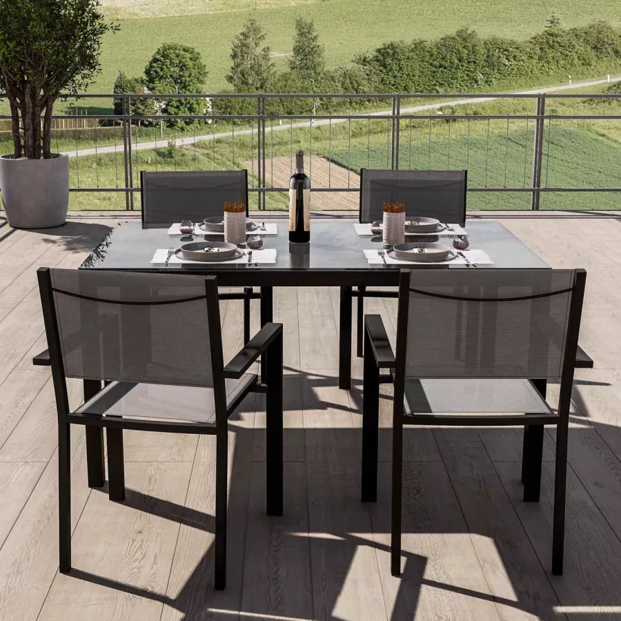 Set pranzo tavolo 150X90 cm top in vetro e 4 sedie con braccioli in  alluminio e