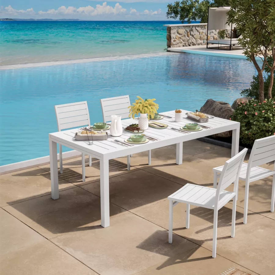 Set pranzo tavolo 200/300x100 cm e 4 sedie a doghe in alluminio bianco -  Carioca