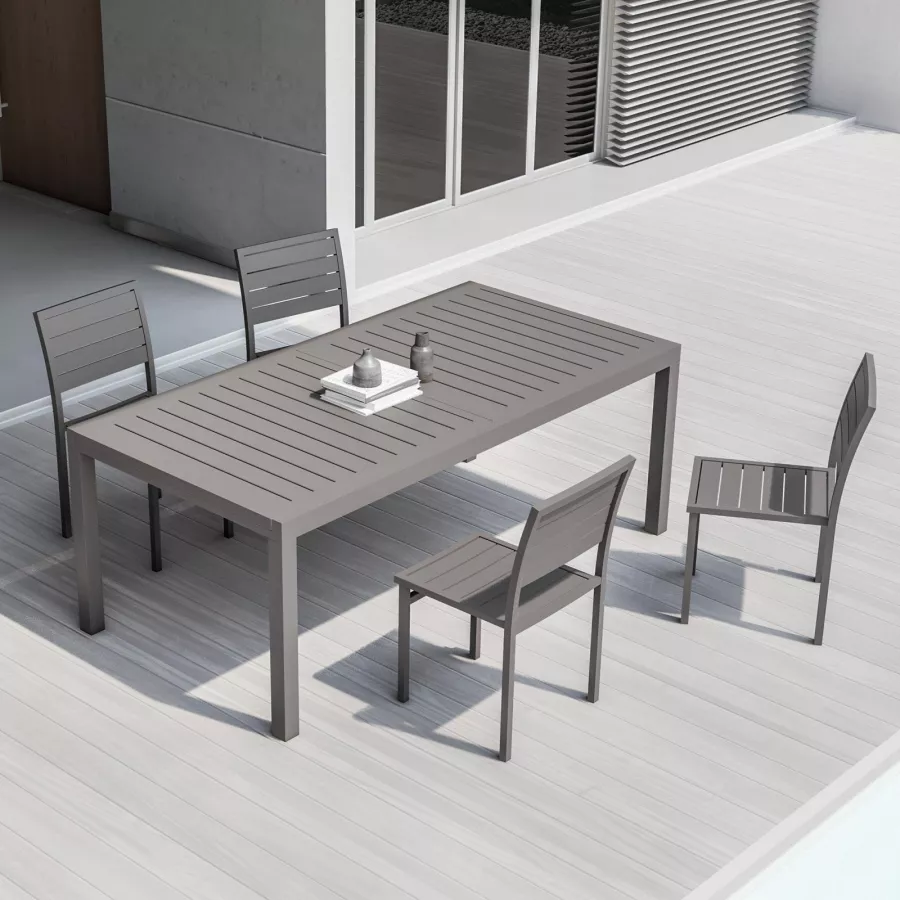 Set pranzo tavolo 200/300x100 cm e 4 sedie a doghe in alluminio tortora -  Carioca