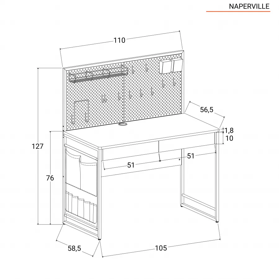 Scrivania 110x60 cm in legno e metallo bianco con bacheca e tasca