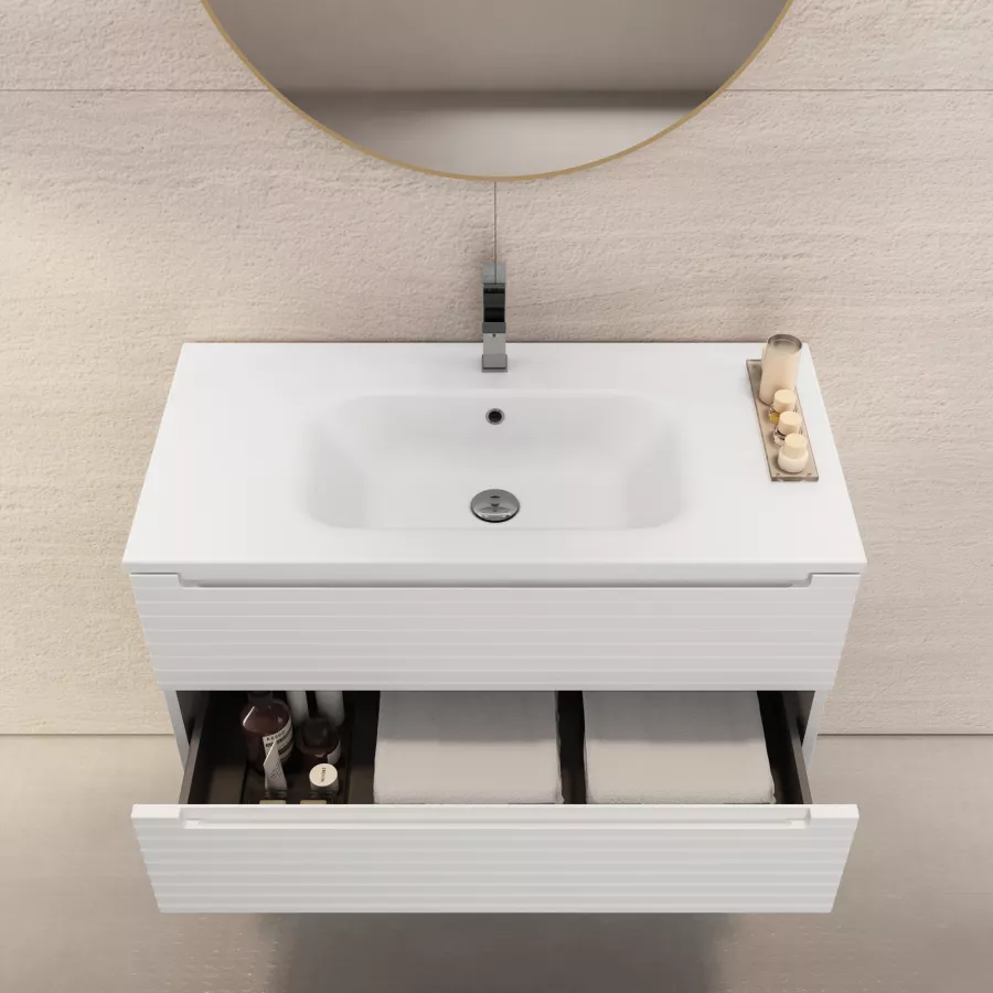 Mobile bagno sospeso 90cm bianco con specchio e luce Sun