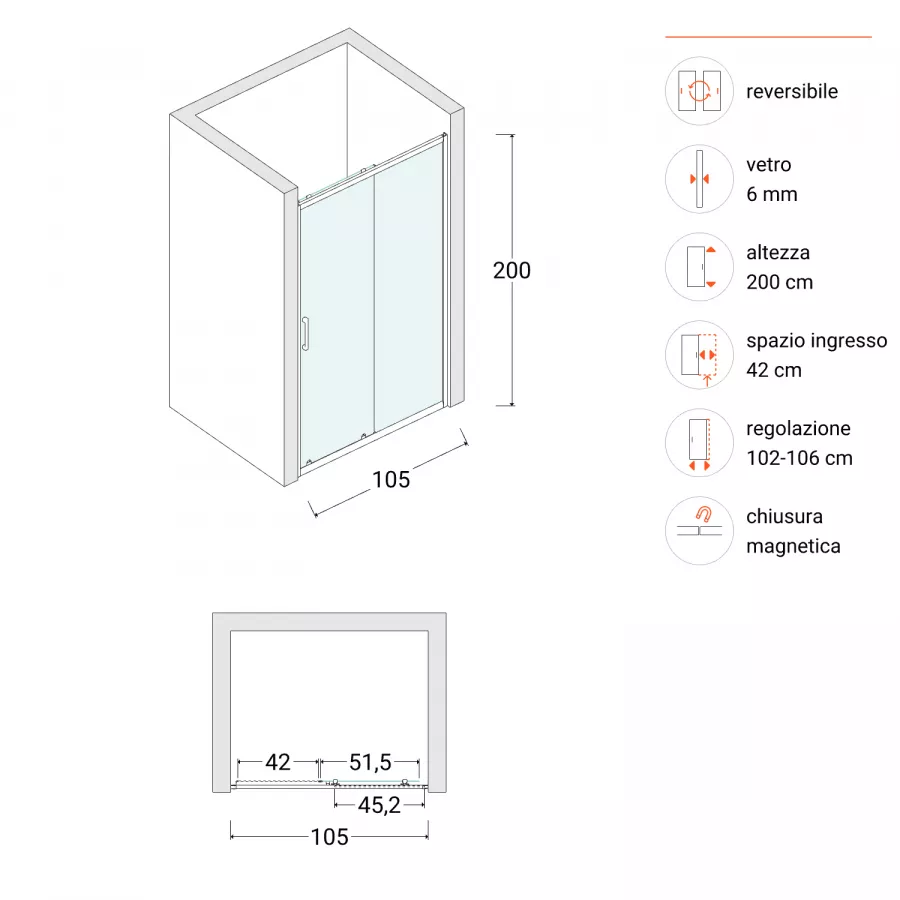 Nicchia doccia 105 cm in vetro temperato stampato scorrevole 200h - Skin