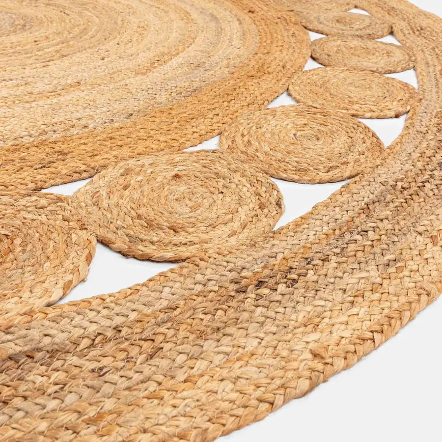 Tappeto rotondo 200 cm boho in juta naturale con bordo decorato