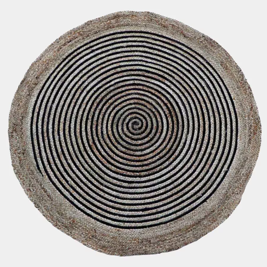 Tappeto Ø 150 cm in cotone e juta con motivo a spirale nero