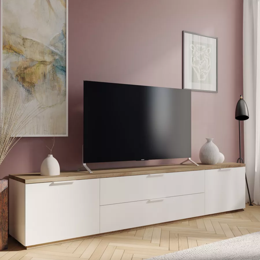 Mobile porta tv 240x41 cm in legno bianco lucido e rovere artisan - Boras  living