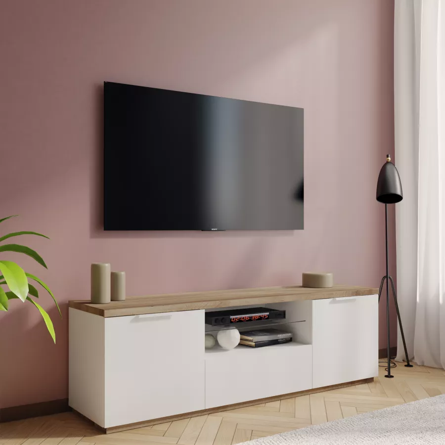 Mobile porta tv 160x41 cm in legno bianco lucido e rovere artisan