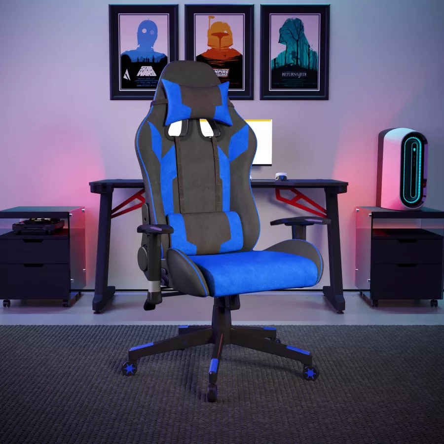 Sedia da gaming girevole in similpelle nera e blu con braccioli