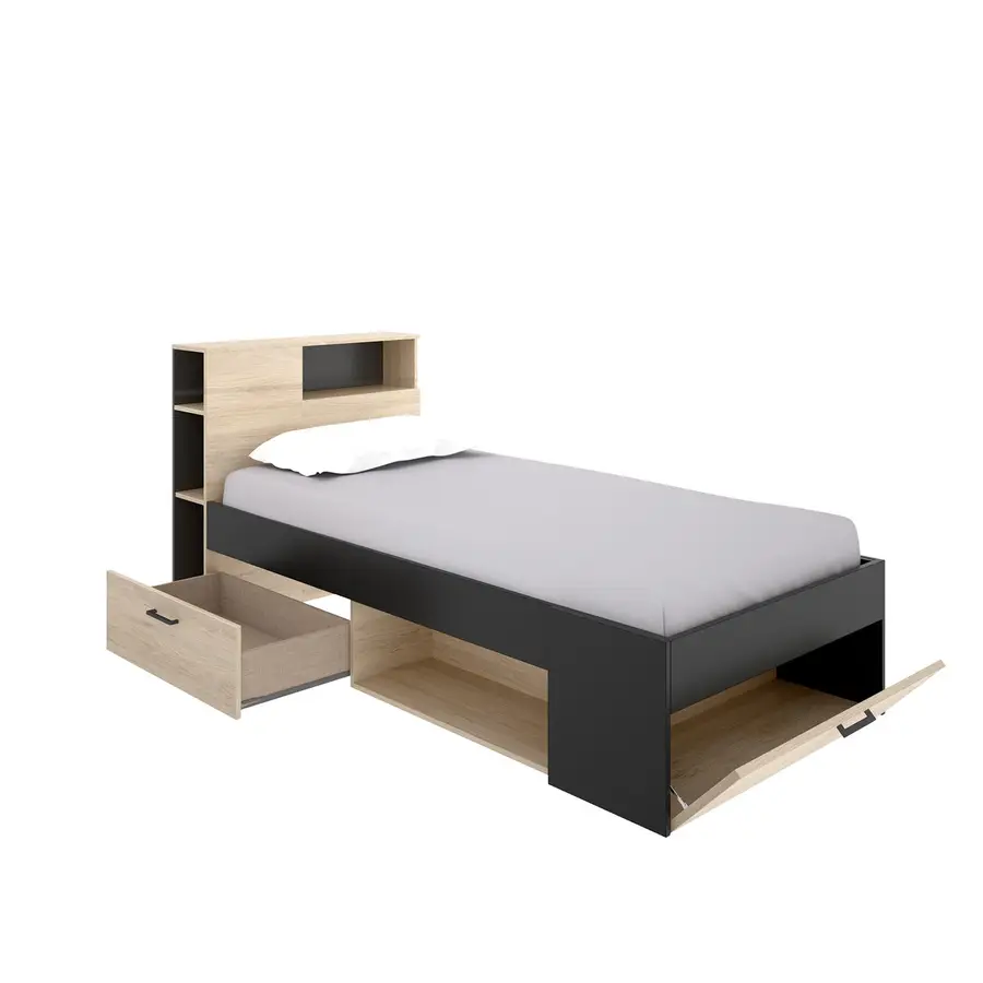 Letto per bambini 90X190 cm in legno naturale e grafite con vani e cassetti  - Kygo