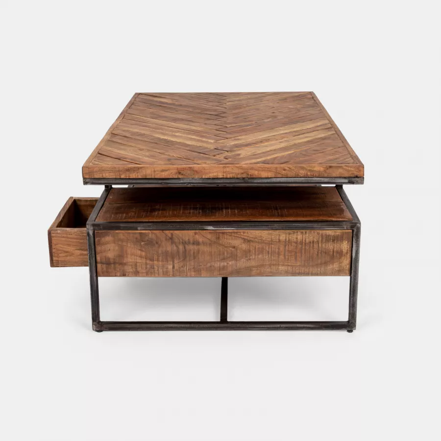 Tavolino contenitore in legno di acacia con ripiano e cassetti