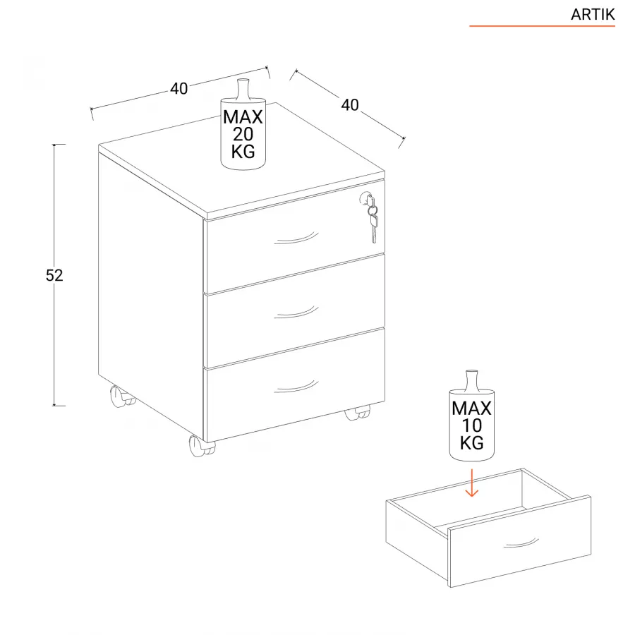 Cassettiera 40x52h cm in legno rovere con 3 cassetti su ruote - Artik