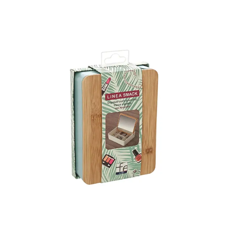 Organizer portatrucchi con specchio in resina acquamarina e bamboo - Jilly