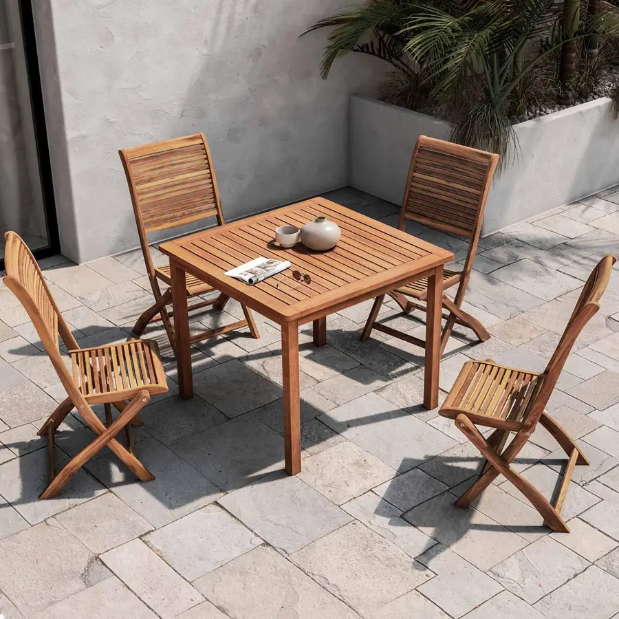 Set pranzo tavolo 90x90 cm e 4 sedie pieghevoli con braccioli in legno di  acacia e