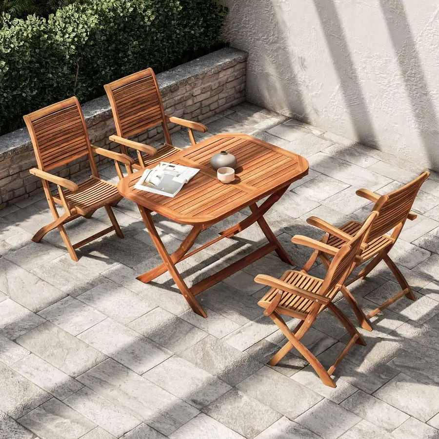 Set pranzo con tavolo allungabile 120/160x80 cm e 4 sedie con braccioli  pieghevoli in legno