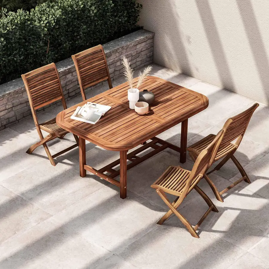 Set pranzo con tavolo allungabile 150/200x100 cm e 4 sedie pieghevoli in  legno di acacia 