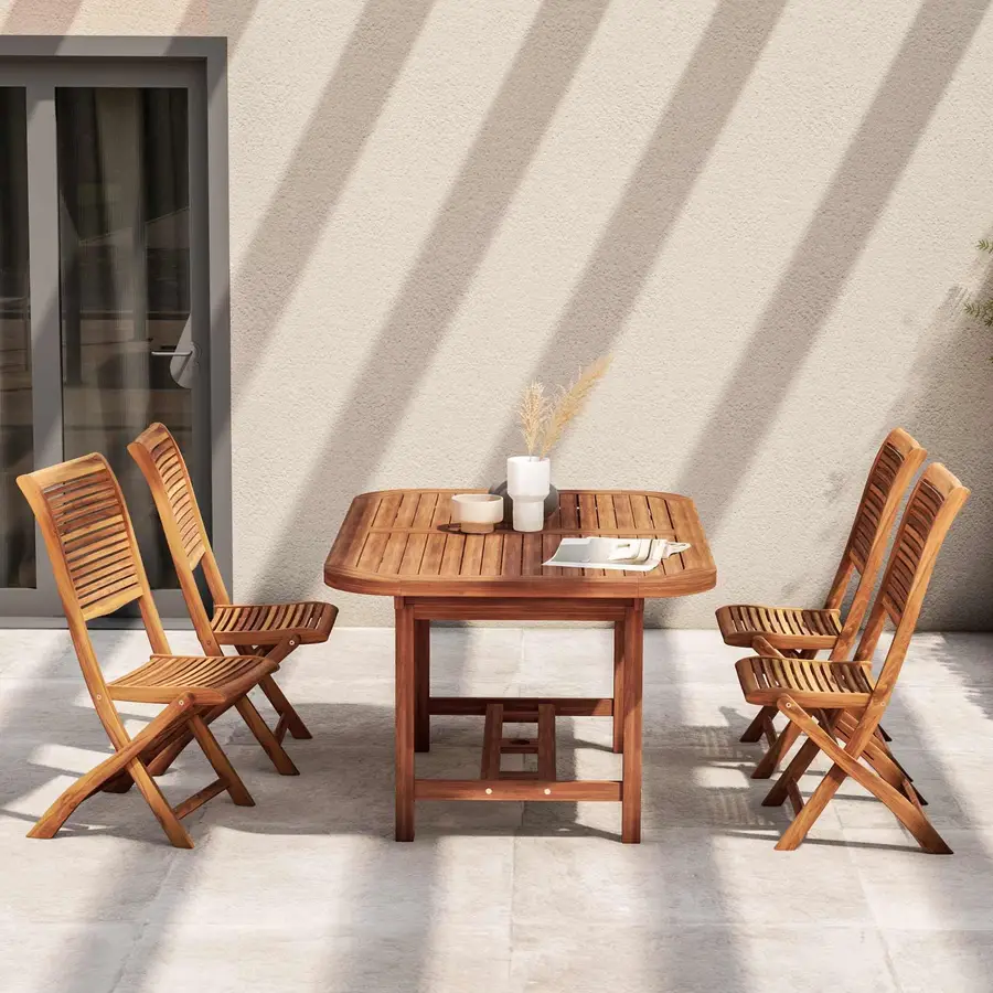 Set pranzo con tavolo allungabile 150/200x100 cm e 4 sedie pieghevoli in  legno di acacia 