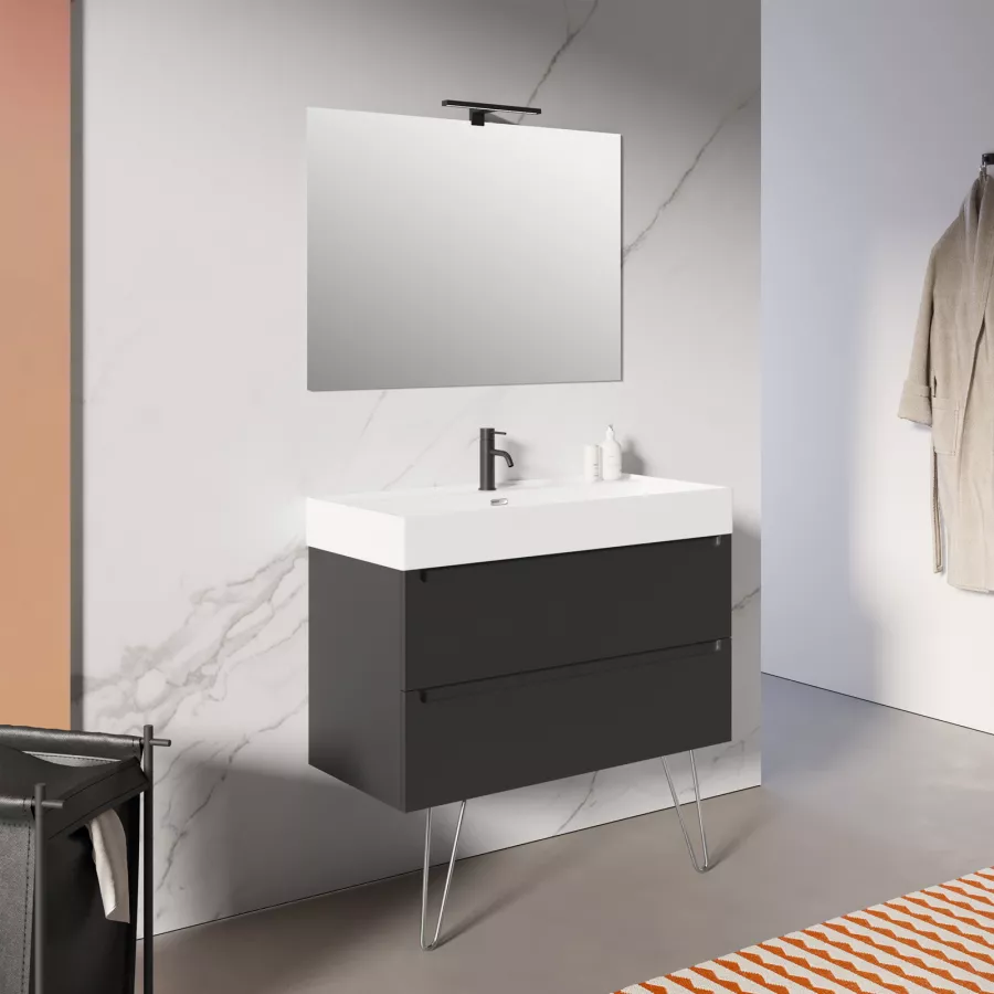 Mobile bagno nero carbone opaco con lavabo alto in porcellana da 100 cm con  specchio - Agata