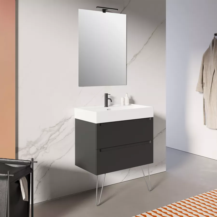Mobile bagno sospeso da 80 cm soft touch nero carbone opaco con top lavabo  e specchio 