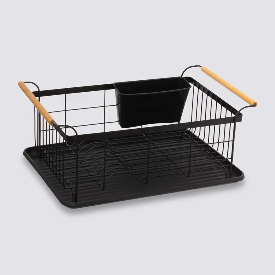 Scolapiatti In Metallo Con Manici In Legno E Tappetino In Terra Di Diatomee - 41,9x26,7 Cm