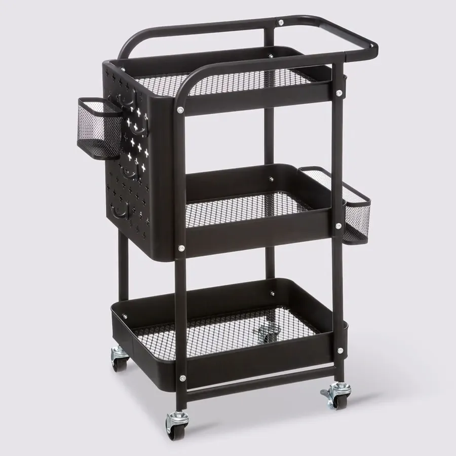 Carrello Da Cucina Portatutto In Metallo Con 3 Ceste E Manico - HWC-C64, 35x44x88 Cm, Nero - Ideale Per Cucina, Soggiorno O Ufficio - 3