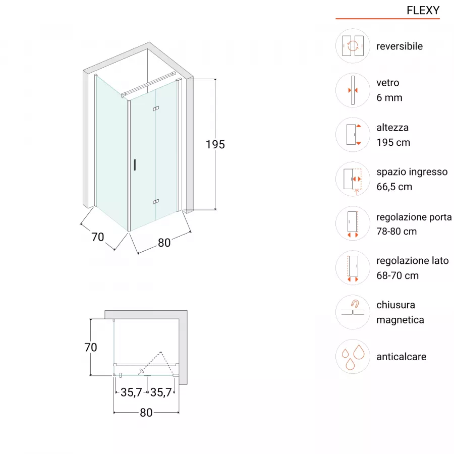 Box doccia 70x80 cm a soffietto vetro anticalcare trasparente e profilo  nero opaco 195h - Flexy