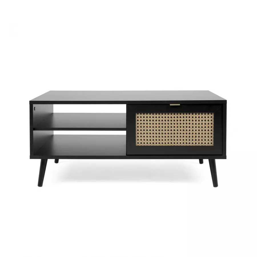 Comodino 40x52h cm in legno nero e cassetti effetto rattan - Cardiff