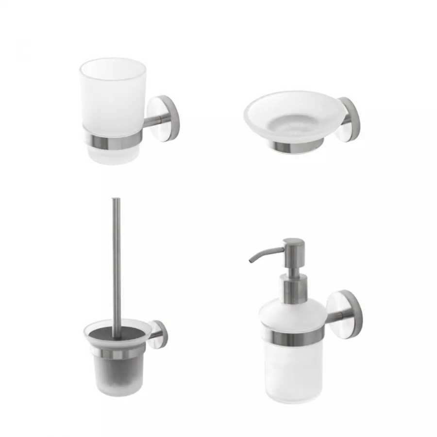 Set 4 accessori da bagno a muro in acciaio e vetro satinato - Serie Satin