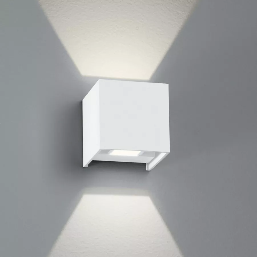 Applique LED biemissione da esterno 10x10 cm luce calda alluminio goffrato  bianco